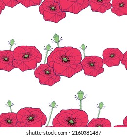 Vector white Poppy Flowers seamless pattern background with red poppy blossom. Suitable for fabric, srcapbooking, wallpaper, prints, covers.