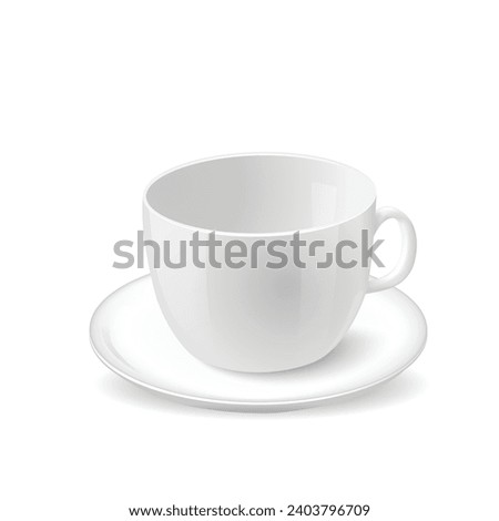 Vector white porcelain cup with a plate on white background.