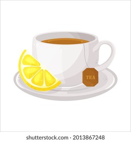 Vector white porcelain cup of tea with lemon isolated on a white background.