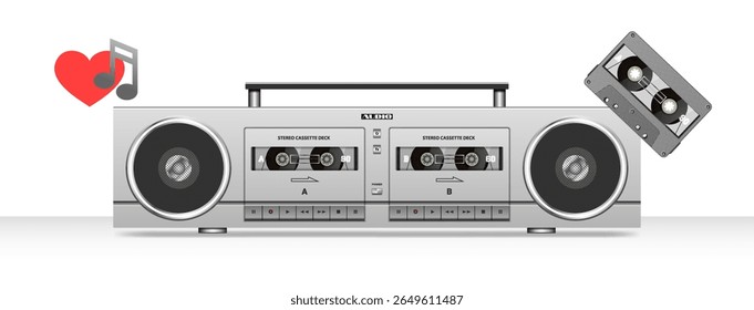 Vector white portable vintage stereo tape recorder with cassette decks and speakers in modern design. Audio recording analog device. Retro music mobile gadget. Electronic equipment stereo audio system