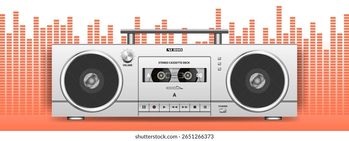 Vetor branco portátil vintage gravador de fita estéreo com cassete deck e alto-falantes em um design moderno. Dispositivo de gravação de áudio. Dispositivo de música retrô. Sistema de som. Equalizador