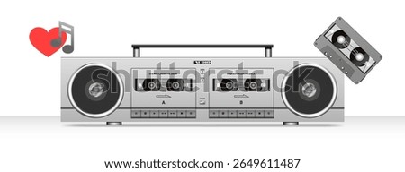 Vector white portable vintage stereo tape recorder with cassette decks and speakers in modern design. Audio recording analog device. Retro music mobile gadget. Electronic equipment stereo audio system