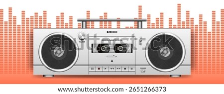 Vector white portable vintage stereo tape recorder with cassette deck and speakers in a modern design. Audio recording device. Retro music gadget. Sound system. Equalizer