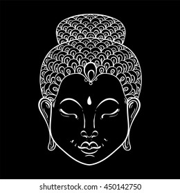 Vector white Portrait of Buddha for ornamental adult coloring pages, Buddhism tattoo art, ethnic patterned t-shirt print. Monochrome hand drawn religion illustration in doodle style.