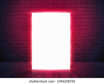 Vector white poster mockup standing with neon light on brick wall room background