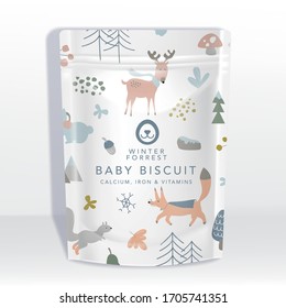 Vector White Pouch or Sachet Packaging Mockup with Animals Pattern Printed