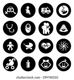 Vector white pregnancy and newborn baby icons set on black background