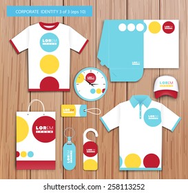 Vector white promotional souvenirs design for company with red, yellow, blue  elements. Elements of stationery. Eps 10