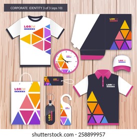 Vector white promotional souvenirs design for company with yellow, pink, violet  elements. Elements of stationery. Eps 10