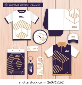 Vector white promotional souvenirs design for company with navy blue, gold elements. Elements of stationery. Eps 10