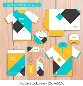 Vector white promotional souvenirs design for company with blue, yellow elements. Elements of stationery. Eps 10