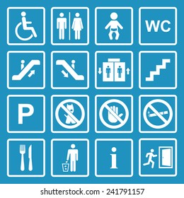 Vector White Public Icons Set With Toilet,child,garbage,dog,lift,escalator,exit,stairs,wheel Chair,smoking,internet, Parking,cafe,eatery On A Blue Background