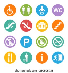 Vector white public icons set with toilet,child,garbage,dog,lift,escalator,exit,stairs,wheel chair,smoking,internet, parking,cafe,eatery on a blue background