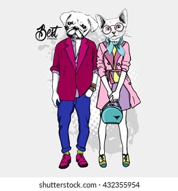 Vector white pug-boy and cat-girl. Hand drawn illustration of dressed cat and dog. Best friend.