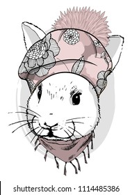 Vector white rabbit with beret and scarf. Hand drawn illustration of dressed rabbit.