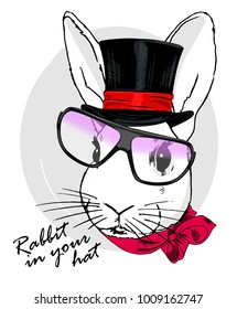 Vector white rabbit with black hat, glasses and red bow. Hand drawn illustration of dressed rabbit. 