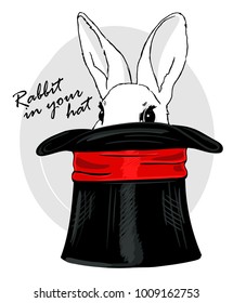 Vector white rabbit with black hat. Hand drawn illustration of dressed rabbit. 