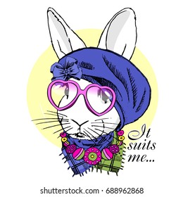 Vector white rabbit with blu blue bow and wreath. Hand drawn illustration of dressed bunny.