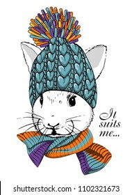 Vector white rabbit with blue knitted hat and knitted scarf. Hand drawn illustration of dressed rabbit.