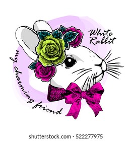 Vector white rabbit with bow and roses . Hand drawn illustration of dressed bunny.
