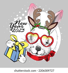 Vector white rabbit with christmas horns, bow and glasses. Happy New Year.