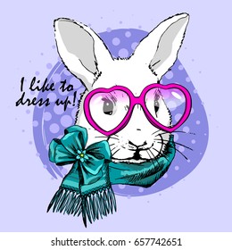 Vector white rabbit with glasses. Hand drawn illustration of white rabbit.