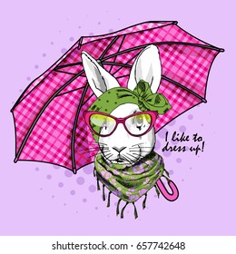 Vector white rabbit with glasses, scarf and umbrella. Hand drawn illustration of white rabbit.