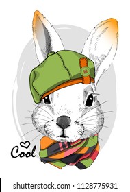 Vector white rabbit with green hat and checkered scarf. Hand drawn illustration of dressed rabbit.