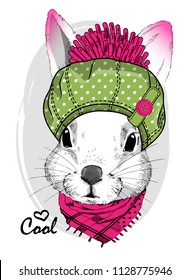 Vector white rabbit with green hat and pink scarf. Hand drawn illustration of dressed rabbit.