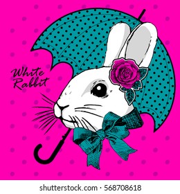 Vector white rabbit with green umbrella. Lapin with rose and bow. Hand drawn illustration of dressed bunny. 