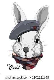 Vector white rabbit with grey beret and scarf. Hand drawn illustration of dressed rabbit.