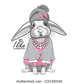 Vector white rabbit with grey hat, necklace and dress. Hand drawn illustration of dressed pretty bunny.