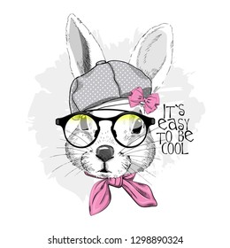 Vector white rabbit with grey hat, glasses and pink scarf. Hand drawn illustration of dressed rabbit.