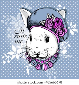 Vector white rabbit in a grey hat and scarf. Hand drawn illustration of dressed bunny.