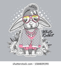 Vector white rabbit with hat, glasses and pink knitted scarf. Hand drawn illustration of dressed rabbit.