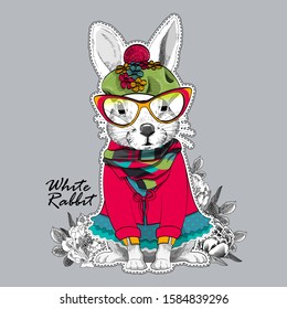 Vector white rabbit with hat, glasses and pink knitted scarf. Hand drawn illustration of dressed rabbit.