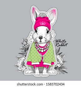 Vector white rabbit with hat and knitted scarf. Hand drawn illustration of dressed rabbit.