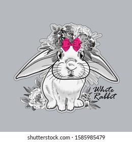 Vector white rabbit with hat and knitted scarf. Hand drawn illustration of dressed rabbit.