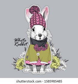 Vector white rabbit with hat and knitted scarf. Hand drawn illustration of dressed rabbit.