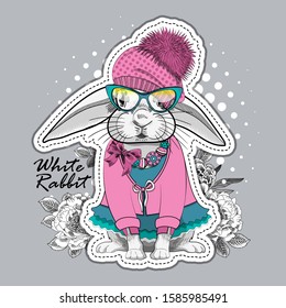 Vector white rabbit with hat and knitted scarf. Hand drawn illustration of dressed rabbit.
