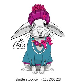 Vector white rabbit with hat, necklace and green dress. Hand drawn illustration of dressed pretty rabbit.