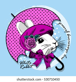 Vector white rabbit in a hat with pink umbrella. 