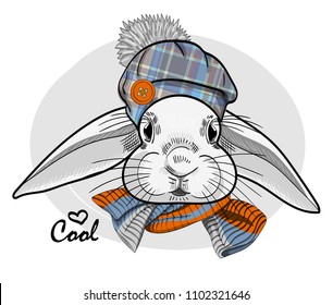 Vector white rabbit with hat and scarf. Hand drawn illustration of dressed rabbit.