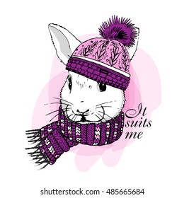 Vector white rabbit in a hat and scarf. Hand drawn illustration of dressed bunny.