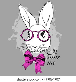 Vector white rabbit in a pink bow and glasses. Hand drawn illustration of dressed bunny.