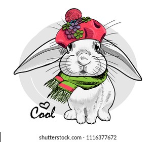 Vector white rabbit with pink hat and green scarf. Hand drawn illustration of dressed bunny.