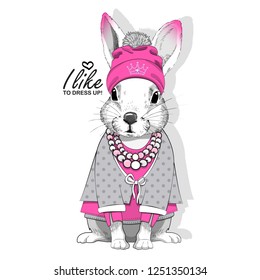 Vector white rabbit with pink hat with crown, necklace and dress. Hand drawn illustration of dressed pretty bunny.