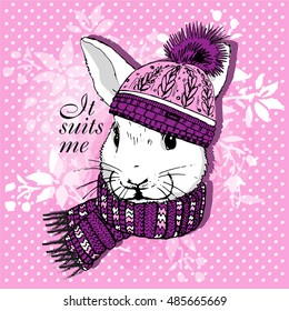 Vector white rabbit in a pink hat and scarf. Hand drawn illustration of dressed bunny.