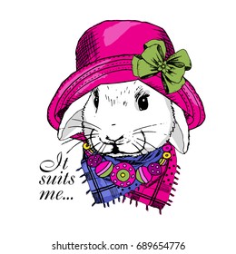 Vector white rabbit with pink hat. Hand drawn illustration of dressed bunny.