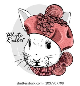 Vector white rabbit with pink knitted beret and scarf. Hand drawn illustration of dressed rabbit.